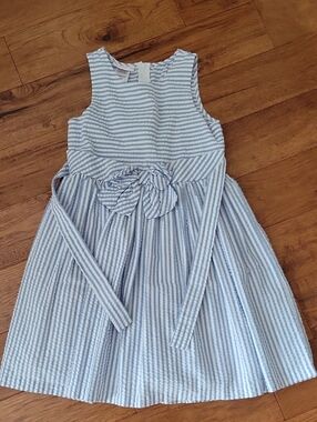 Bonnie Jean Classic Blue and White Striped Girls' Dress with Waist Bow Size 12